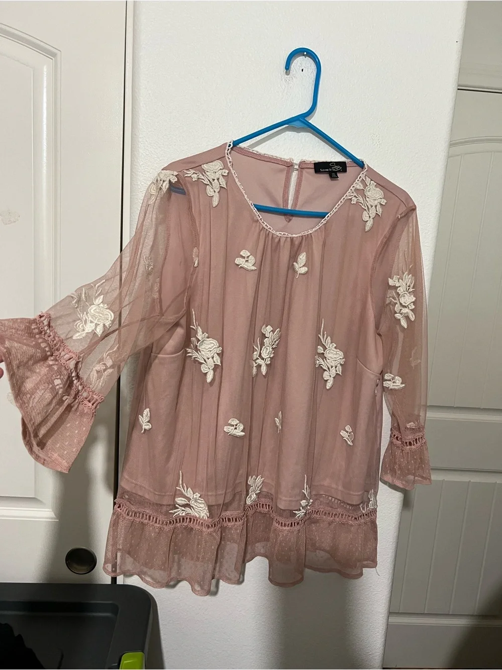 Suzanne Betro Dusty Rose Mesh Tunic with Ivory Floral Appliqué